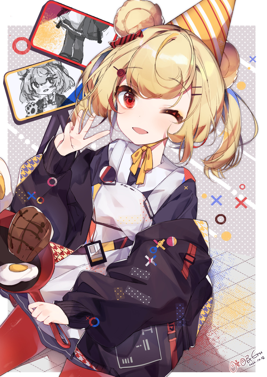 1girl absurdres animal_ears arknights bacon bangs bear_ears birthday blonde_hair egg food frying_pan gummy_(arknights) hair_ornament hairclip hat highres jacket long_sleeves looking_at_viewer short_hair smile solo