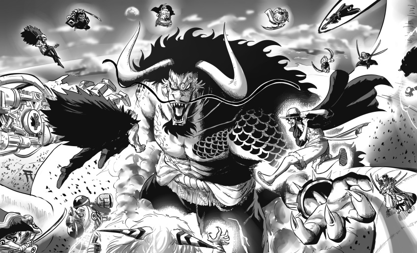 6+boys abs angry arm_tattoo ashura_doji attack battle beard big_hair blank_eyes bracelet chest chest_tattoo coat commentary day denjirou_(one_piece) dragon_tail dual_wielding english_commentary eustass_captain_kid facial_hair fisheye franky_shogun giant greyscale helm helmet highres holding holding_sword holding_weapon horns inuarashi_(one_piece) jewelry kaido katana kawamatsu kikunojo_(one_piece) killer_(one_piece) kinemon looking_at_another male_focus metal monkey_d_luffy monochrome monster_boy multiple_boys muscle nekomamushi one_piece open_mouth outdoors raizo_(one_piece) roronoa_zoro sanji sharp_teeth shirtless shorts size_difference snout spiked_bracelet spikes sword tail tattoo teeth tina_fate trafalgar_law triple_wielding v-shaped_eyebrows weapon