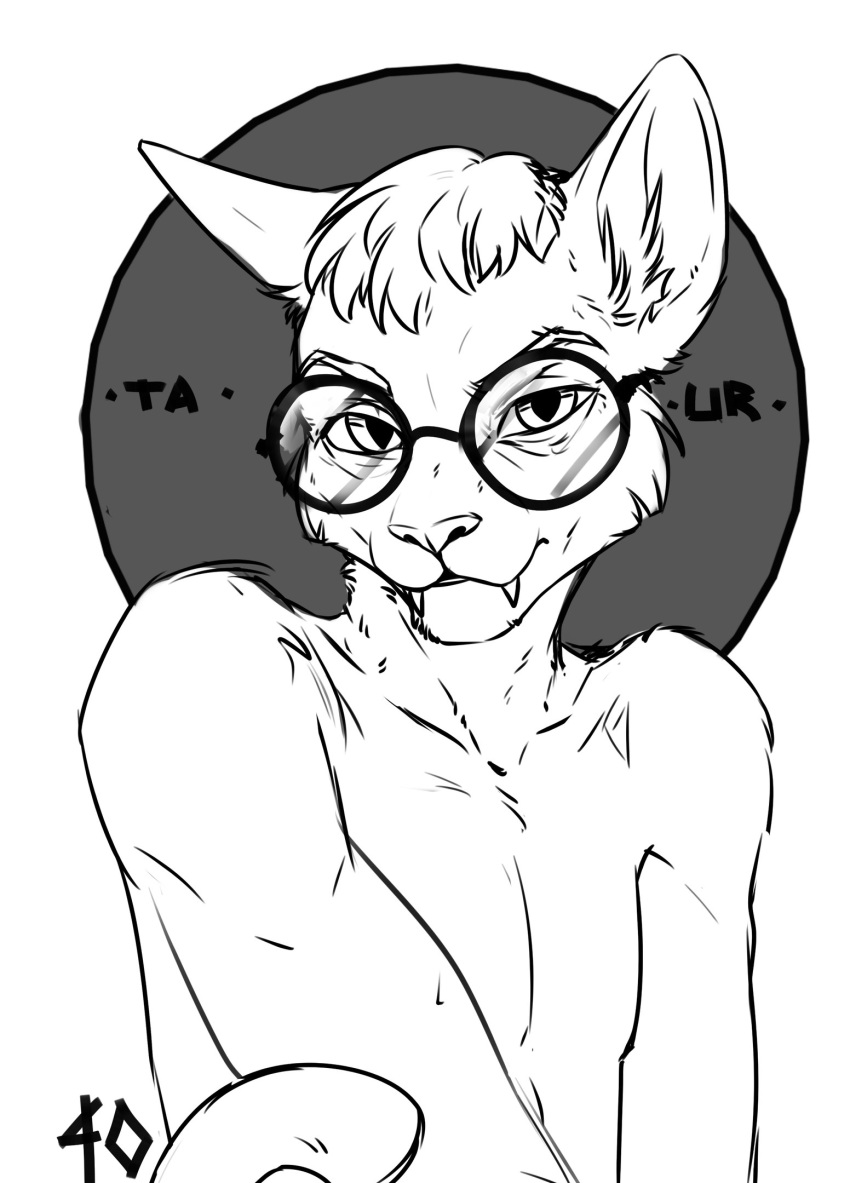 anthro digital_media_(artwork) domestic_cat eyebrows eyelashes eyewear felid feline felis fur glasses hi_res male mammal monochrome smile solo taurusart teeth