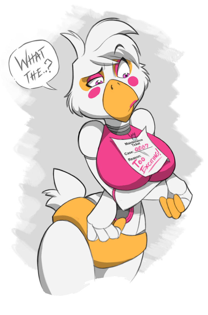 2020 animatronic anthro avian beak bird bottomwear breasts chicken chordsy_(artist) clothing confusion eyelashes eyeshadow feathers female fingers five_nights_at_freddy's funtime_chica_(fnaf) galliform gallus_(genus) hair hi_res lipstick looking_down machine makeup orange_body panties paper phasianid pink_cheeks pink_eyes robot small_tail speaker tail_feathers topwear underwear video_games white_body white_feathers white_hair