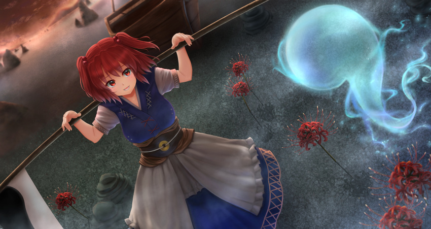1girl absurdres arms_up belt blue_dress boat coin commentary_request cowboy_shot dress dutch_angle flower from_above hair_bobbles hair_ornament highres hitodama layered_dress looking_to_the_side lower_teeth luke_(kyeftss) onozuka_komachi open_mouth red_eyes red_hair rock sanzu_river scythe shirt short_hair short_sleeves solo spider_lily standing touhou two_side_up watercraft white_shirt