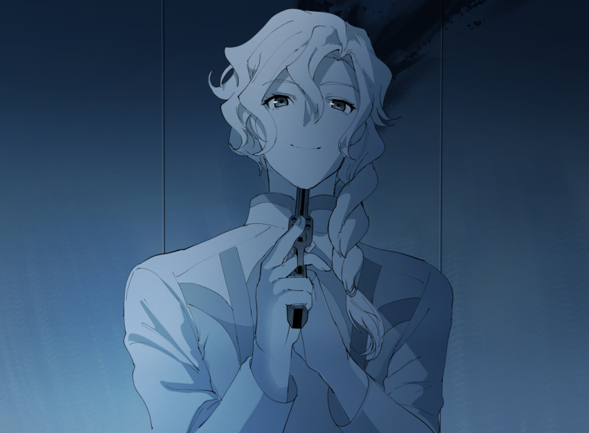 1boy blood blood_splatter boba braid fate/grand_order fate_(series) formal gun_to_head long_hair looking_at_viewer male_focus marisbury_animusphere side_braid single_braid smile suicide suit upper_body wall white_hair