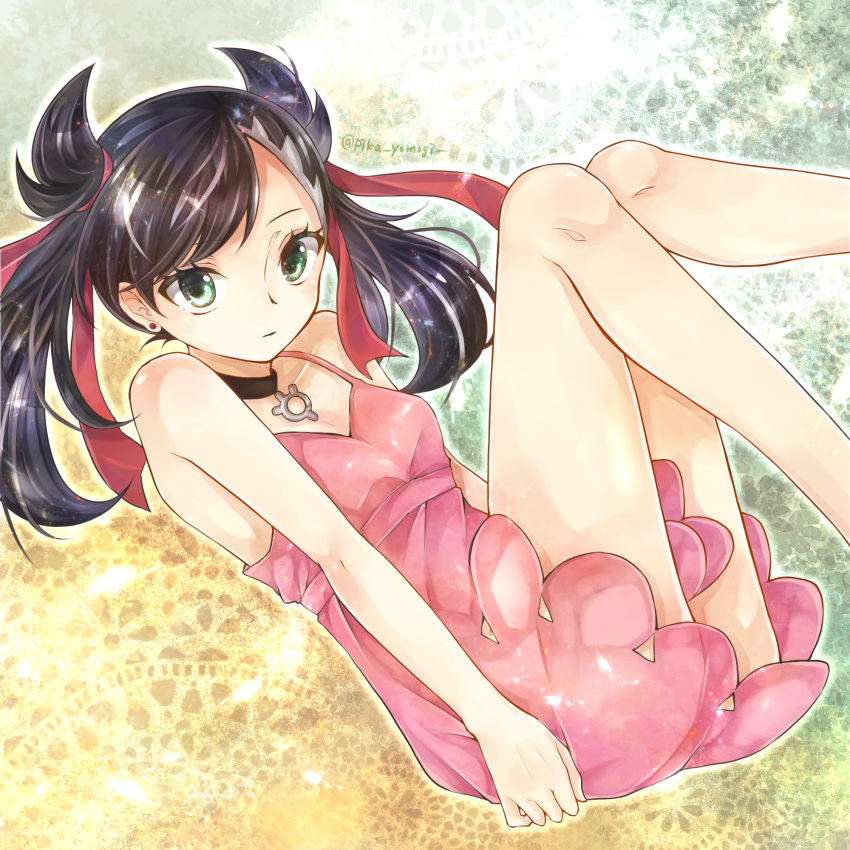 1girl bangs breasts brown_hair cleavage collar collarbone dress earrings floating_hair green_eyes hair_ribbon highres jewelry long_hair marnie_(pokemon) pendant pink_dress pokemon pokemon_(game) pokemon_swsh red_ribbon ribbon shiny shiny_hair shiny_skin short_dress sleeveless sleeveless_dress small_breasts solo swept_bangs twintails two_side_up yomogi_(black-elf)