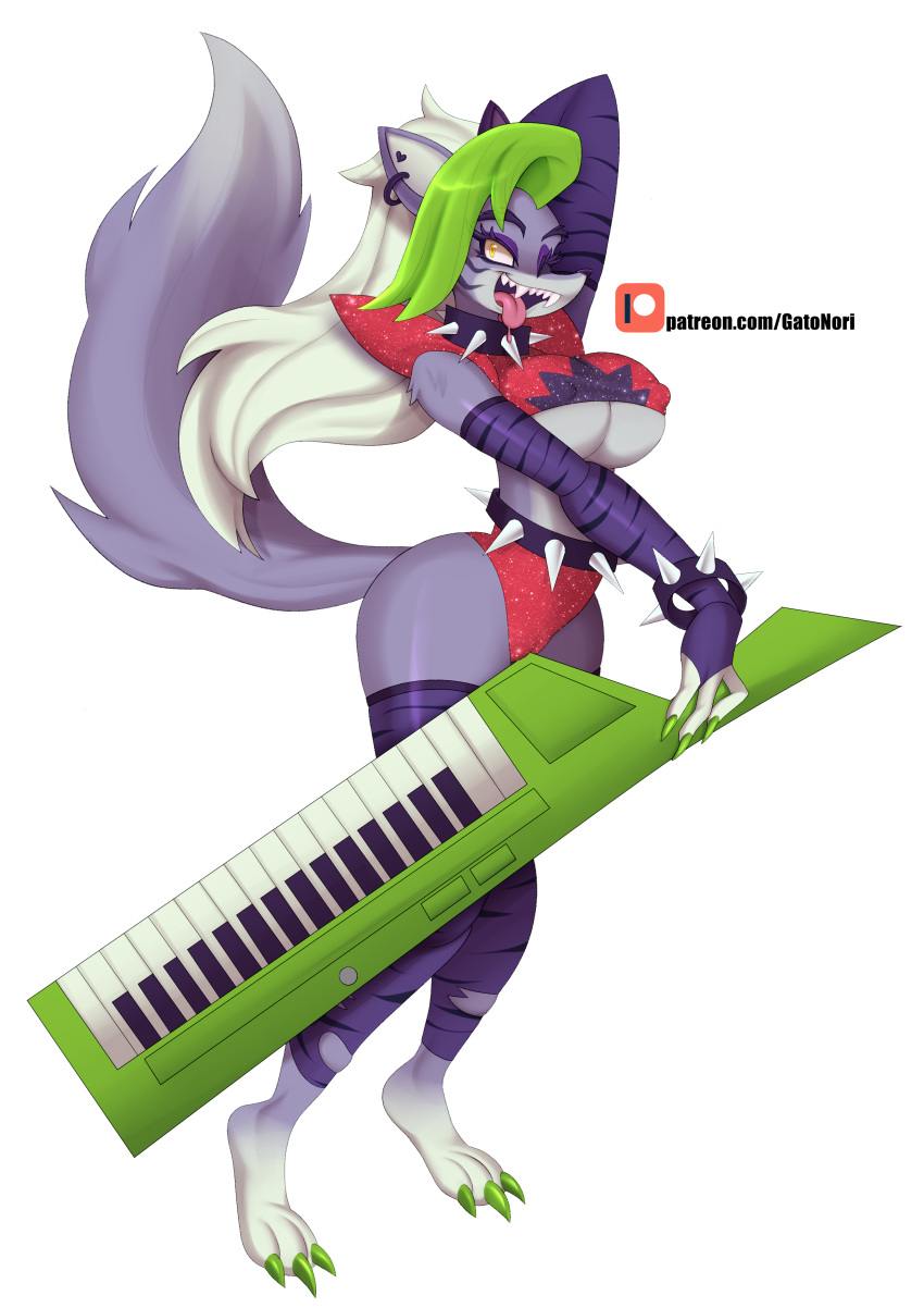 absurd_res anthro breasts camel_toe canid canine canis claws clothing eyelashes female fingers five_nights_at_freddy's five_nights_at_freddy's:_security_breach green_claws green_hair grey_body guitar hair hi_res highlights_(coloring) keyboard_instrument lipstick makeup mammal musical_instrument norithecat patreon piano plucked_string_instrument roxanne_wolf_(fnaf) solo standing string_instrument toe_claws tongue tongue_out torn_clothing video_games white_hair wolf