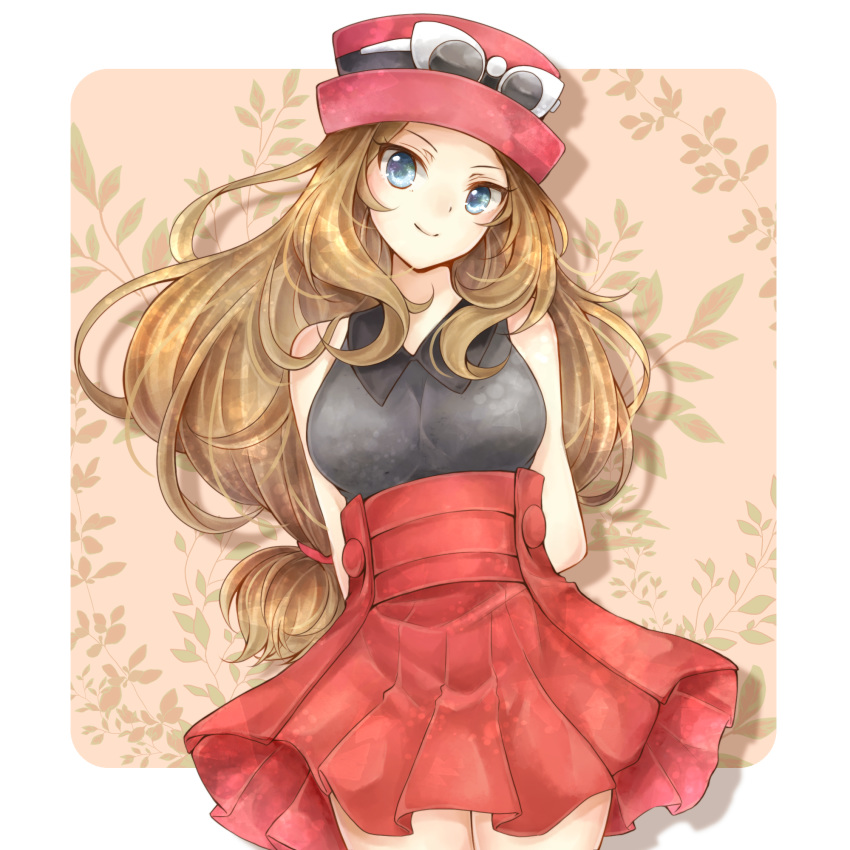 1girl arms_behind_back black_shirt blue_eyes border breasts brown_hair closed_mouth cowboy_shot eyewear_on_headwear floating_hair hat head_tilt high-waist_skirt highres long_hair looking_at_viewer low-tied_long_hair medium_breasts miniskirt outside_border pleated_skirt pokemon pokemon_(game) pokemon_xy red_headwear red_skirt serena_(pokemon) shadow shiny shiny_hair shirt skirt sleeveless sleeveless_shirt smile solo standing sunglasses very_long_hair white-framed_eyewear white_border yomogi_(black-elf)