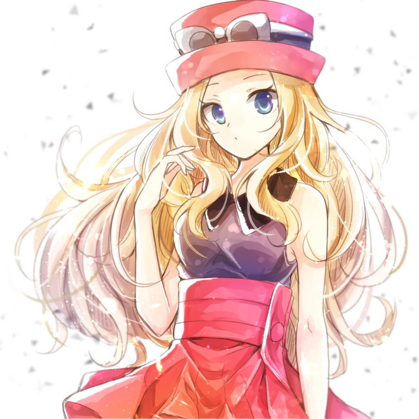 1girl black_shirt blonde_hair blue_eyes eyewear_on_headwear floating_hair hat highres long_hair looking_at_viewer miniskirt pink_headwear pleated_skirt pokemon pokemon_(game) pokemon_xy red_headwear red_skirt serena_(pokemon) shiny shiny_hair shirt skirt sleeveless sleeveless_shirt solo standing sunglasses very_long_hair white-framed_eyewear white_background yomogi_(black-elf)