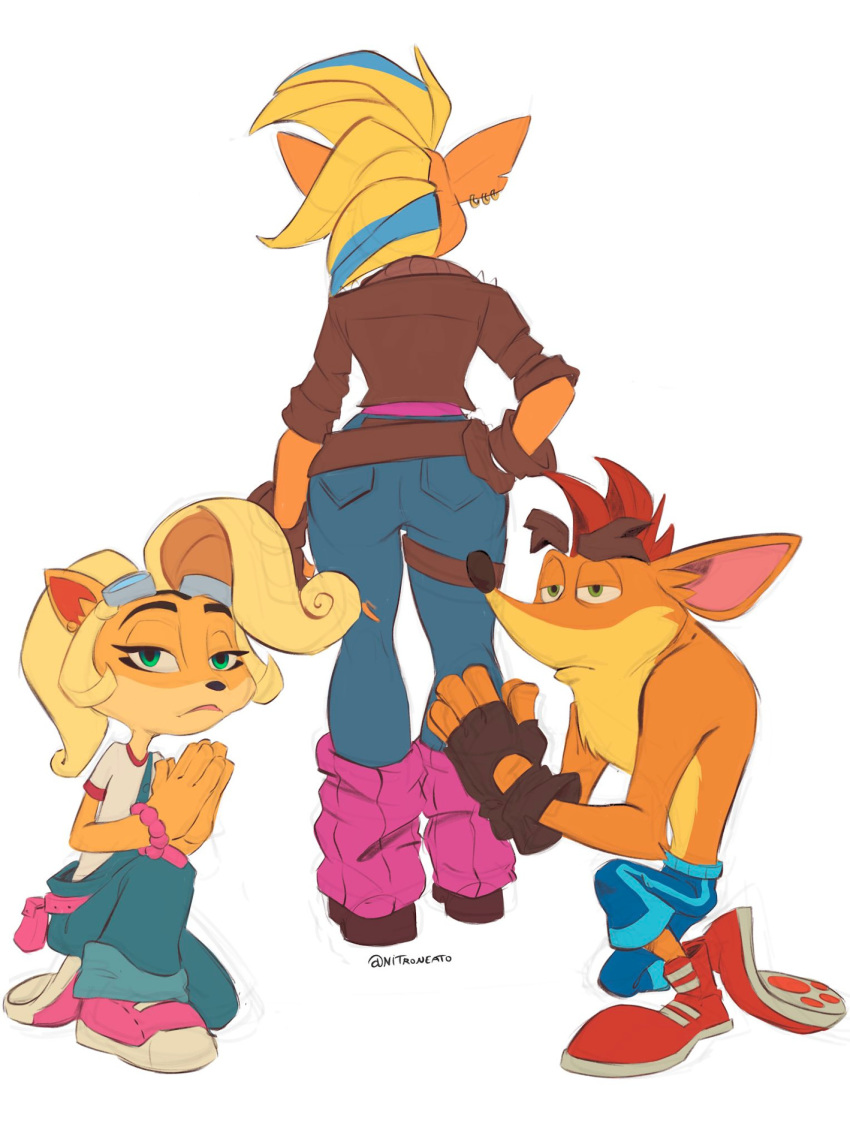 activision anthro bandicoot big_butt blonde_hair bottomwear bracelet brown_clothing brown_footwear brown_jacket brown_shoes brown_topwear butt clothed clothing coco_bandicoot crash_bandicoot crash_bandicoot_(series) cutoffs denim denim_clothing eyebrows female fingerless_gloves footwear gloves green_eyes group hair hand_on_hip hands_together handwear hi_res highlights_(coloring) jacket jeans jewelry kneeling leg_warmers legwear looking_at_viewer looking_away male mammal marsupial nitroneato pants pink_clothing pink_footwear pink_shoes pirate_tawna pose praying red_clothing red_footwear red_hair red_shoes shoes shorts sneakers tawna_bandicoot thick_eyebrows topless topwear video_games wide_hips