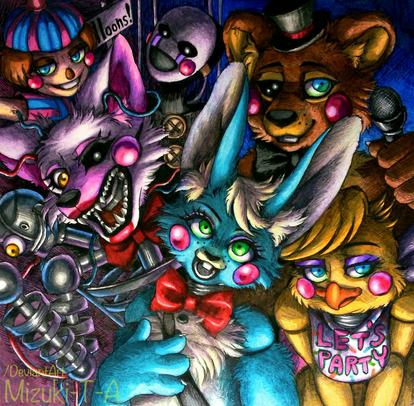 2017 animatronic avian balloon_boy_(fnaf) beak bib bird black_sclera blonde_hair blue_body blue_eyes blue_fur bow brown_body brown_fur brown_hair buckteeth canid canine cheek_tuft chest_tuft chicken facial_tuft female fingers five_nights_at_freddy's five_nights_at_freddy's_2 fox freckles fur galliform gallus_(genus) girly green_eyes hair half-closed_eyes head_tuft hi_res humanoid inner_ear_fluff lagomorph leporid lipstick long_ears looking_at_viewer machine makeup male mammal mangle_(fnaf) marionette_(fnaf) mask microphone mizuki-t-a narrowed_eyes orange_body phasianid pink_cheeks pink_inner_ear rabbit red_cheeks robot sharp_teeth size_difference smile tan_inner_ear teeth toy_bonnie_(fnaf) toy_chica_(fnaf) toy_freddy_(fnaf) traditional_media_(artwork) tuft ursid video_games white_eyes white_hair white_inner_ear