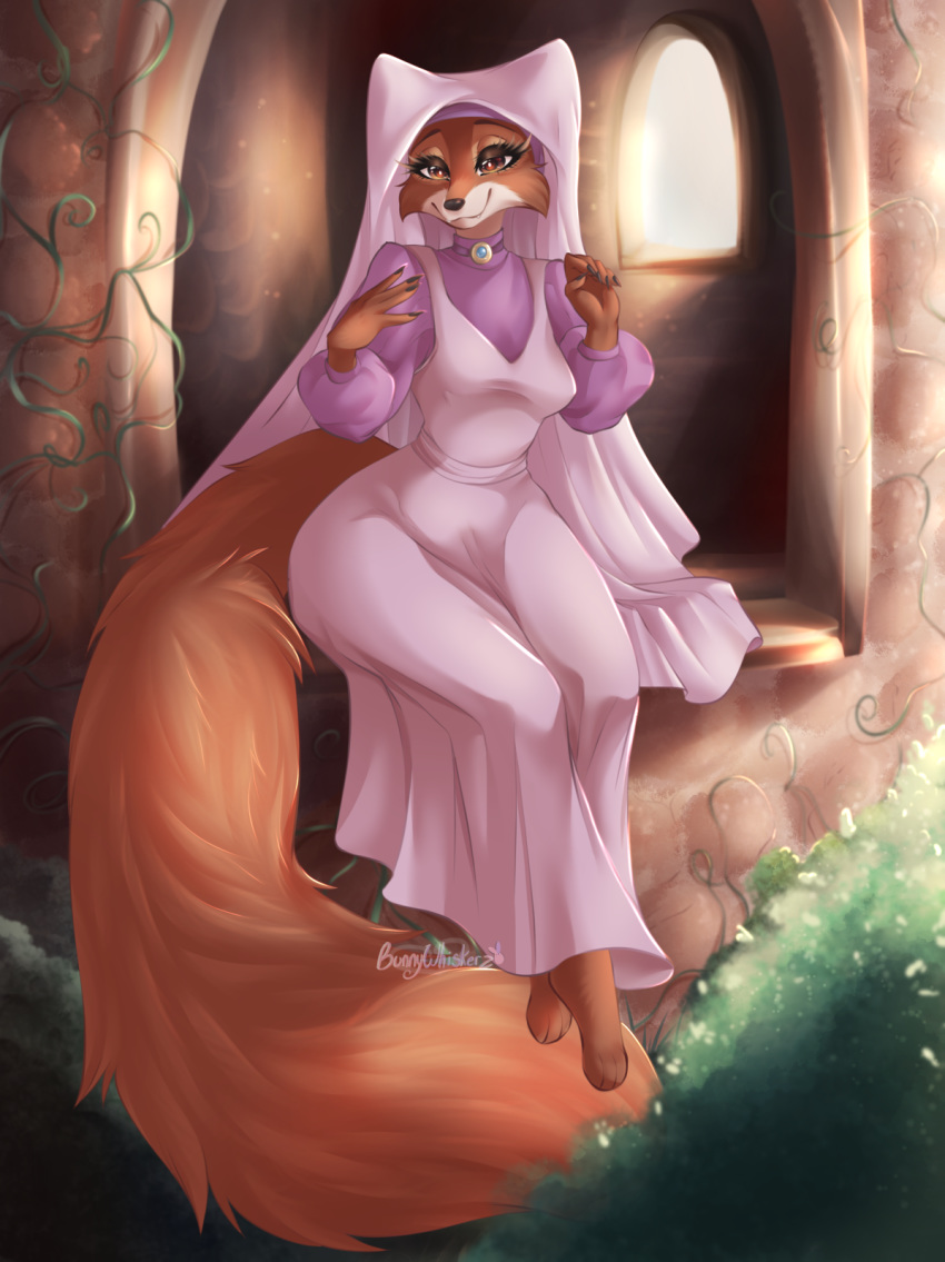 2020 amulet anthro building bunnywhiskerz canid canine clothing crepuscular_rays disney female fox fur hi_res light long_tail maid_marian mammal robin_hood_(disney) sitting smile solo sunlight vines window