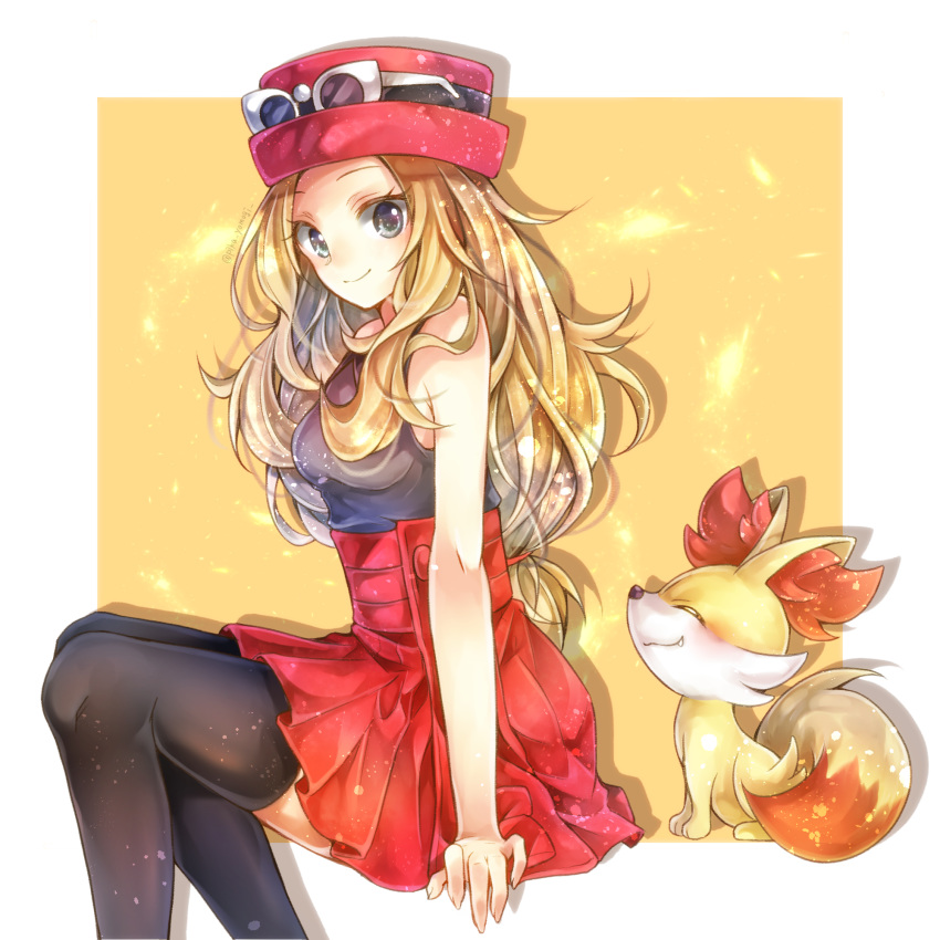 1girl black_legwear blonde_hair blue_eyes border breasts closed_eyes closed_mouth eyewear_on_headwear fang fang_out fennekin from_side gen_6_pokemon grey_shirt hat high-waist_skirt highres invisible_chair long_hair looking_back low-tied_long_hair medium_breasts miniskirt outside_border pleated_skirt pokemon pokemon_(creature) pokemon_(game) pokemon_xy red_headwear red_skirt serena_(pokemon) shiny shiny_hair shirt sitting skirt sleeveless sleeveless_shirt smile solo starter_pokemon sunglasses thighhighs very_long_hair white-framed_eyewear white_border yellow_background yomogi_(black-elf) zettai_ryouiki