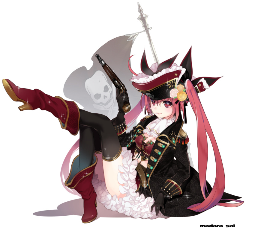 1girl ahoge bangs black_bow black_coat black_gloves black_legwear boots bow breasts candy cleavage closed_mouth coat date_a_live floating_hair flower food full_body gloves gun hair_between_eyes hair_bow hair_flower hair_ornament hat holding holding_gun holding_weapon itsuka_kotori knee_boots leg_up lollipop long_hair long_sleeves madara_sai miniskirt open_clothes open_coat red_eyes red_footwear red_hair rose shiny shiny_hair simple_background sitting skirt small_breasts solo sparkle thighhighs twintails very_long_hair weapon white_background white_flower white_rose white_skirt yellow_flower yellow_rose zettai_ryouiki