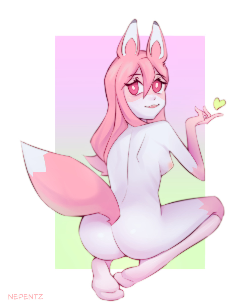&lt;3 2020 absurd_res anthro brand_new_animal breasts butt canid canine clothed clothing female fingers fluffy fluffy_tail footwear fox fur hair hi_res legwear legwear_only long_hair looking_at_viewer looking_back mammal mostly_nude nazuna_hiwatashi nepentz nipples pink_body pink_fur pink_hair smile socks socks_only solo studio_trigger white_body white_fur