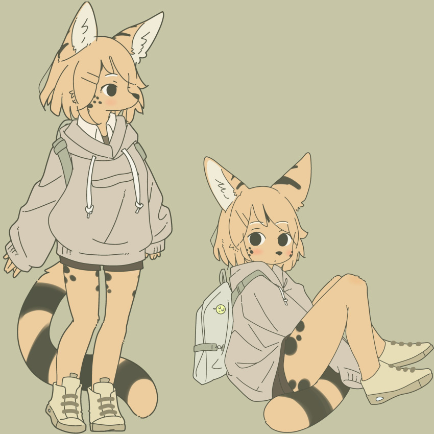 1:1 anthro backpack black_spots black_stripes blonde_hair blush bottomwear clothed clothing emoji felid feline female footwear fur hair hi_res hoodie kemono looking_aside looking_at_viewer mammal mikeyama pin_(disambiguation) serval shirt shoes shorts simple_background sitting sneakers solo spots striped_tail stripes topwear yellow_body yellow_fur