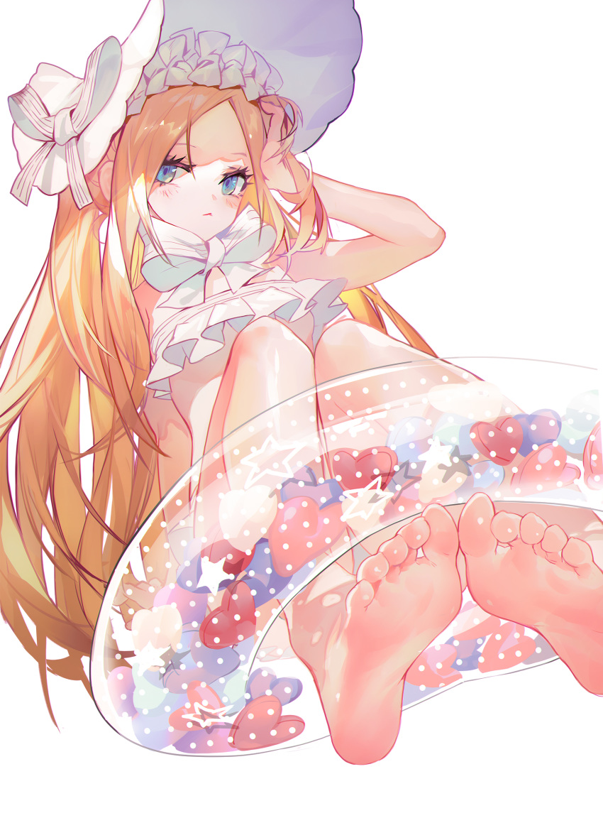 abigail_williams_(fate/grand_order) abigail_williams_(swimsuit_foreigner)_(fate) absurdres bangs bikini blonde_hair blue_eyes bonnet bow closed_mouth fate/grand_order fate_(series) feet forehead grandia_lee highres innertube legs long_hair multiple_bows parted_bangs sidelocks simple_background sitting soles swimsuit toes twintails white_background white_bikini white_bow white_headwear