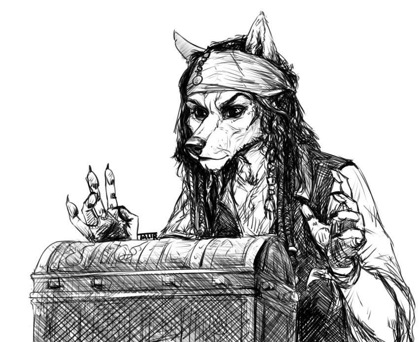 5_fingers anthro canid canine clothed clothing digital_media_(artwork) disney english_text fingers hair hi_res jack_sparrow male mammal monochrome pirates_of_the_caribbean simple_background solo taurusart text white_background