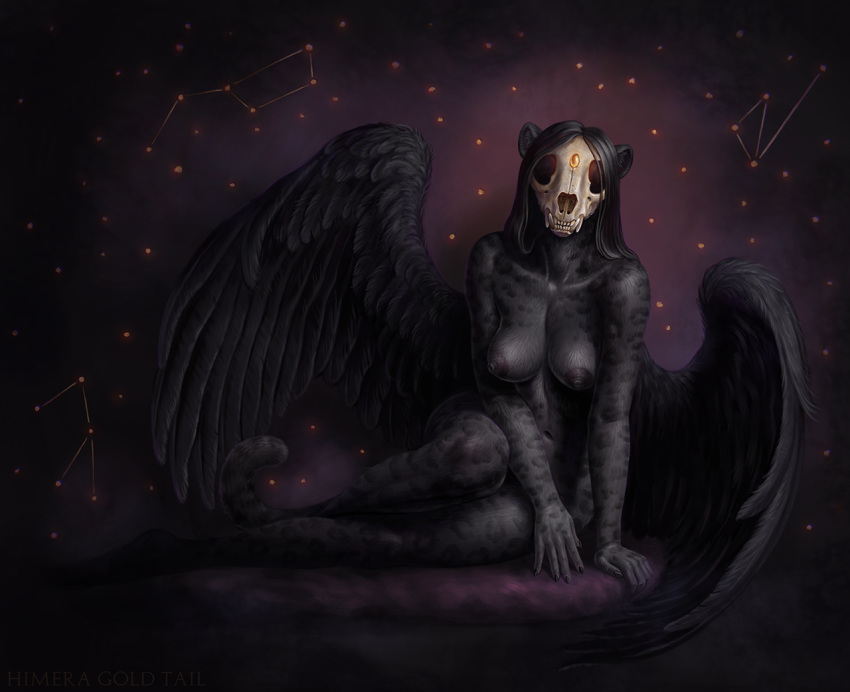 2020 anthro areola black_body black_feathers black_fur black_hair breasts digital_media_(artwork) feathered_wings feathers felid female fur hair himeragoldtail leopard mammal nipples nude pantherine solo spots spotted_body spotted_fur wings