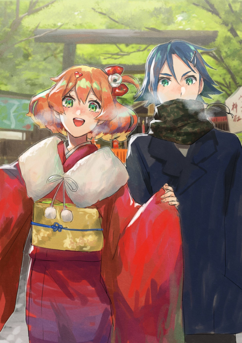 1boy 1girl :d bangs blonde_hair blue_coat blue_hair bow brown_hair camouflage_scarf coat couple green_eyes hair_between_eyes hair_bow hair_ornament hayate_immelmann heart heart_hair_ornament highres japanese_clothes kimono long_sleeves looking_at_viewer macross macross_delta medium_hair multicolored_hair one_side_up open_mouth pote-mm red_bow red_kimono shiny shiny_hair short_hair smile torii two-tone_hair wide_sleeves yukata