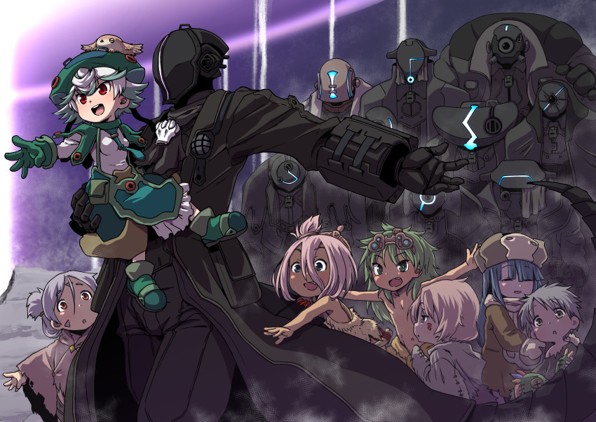 animal_on_head bird bird_on_head blue_hair bondrewd carrying character_request coat eyewear_on_head folded_ponytail gloves goggles goggles_on_head green_eyes green_hair grey_hair hat helm helmet highres long_hair made_in_abyss mask multicolored_hair on_head overcoat pink_hair prushka purple_hair red_eyes shirtless short_hair stuffed_toy two-tone_hair uchuu_ika white_hair