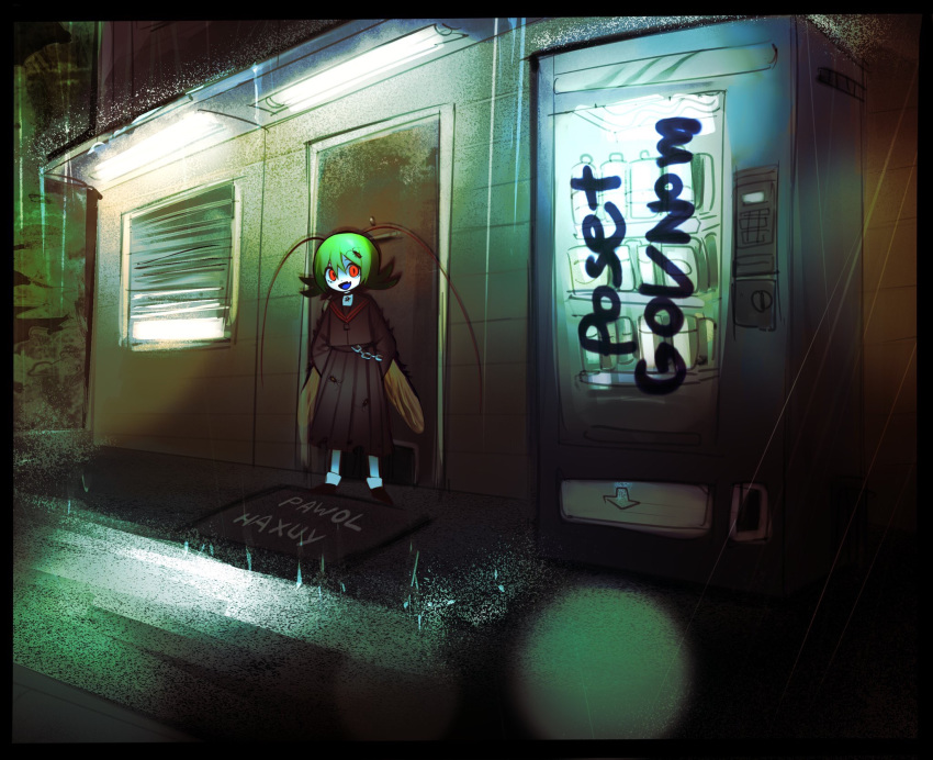 antennae arms_behind_back black_serafuku blue_tongue bug chain cockroach graffiti green_hair highres insect insect_girl insect_wings medium_hair neodim original red_eyes russian_text school_uniform serafuku standing v1v404 vending_machine wings