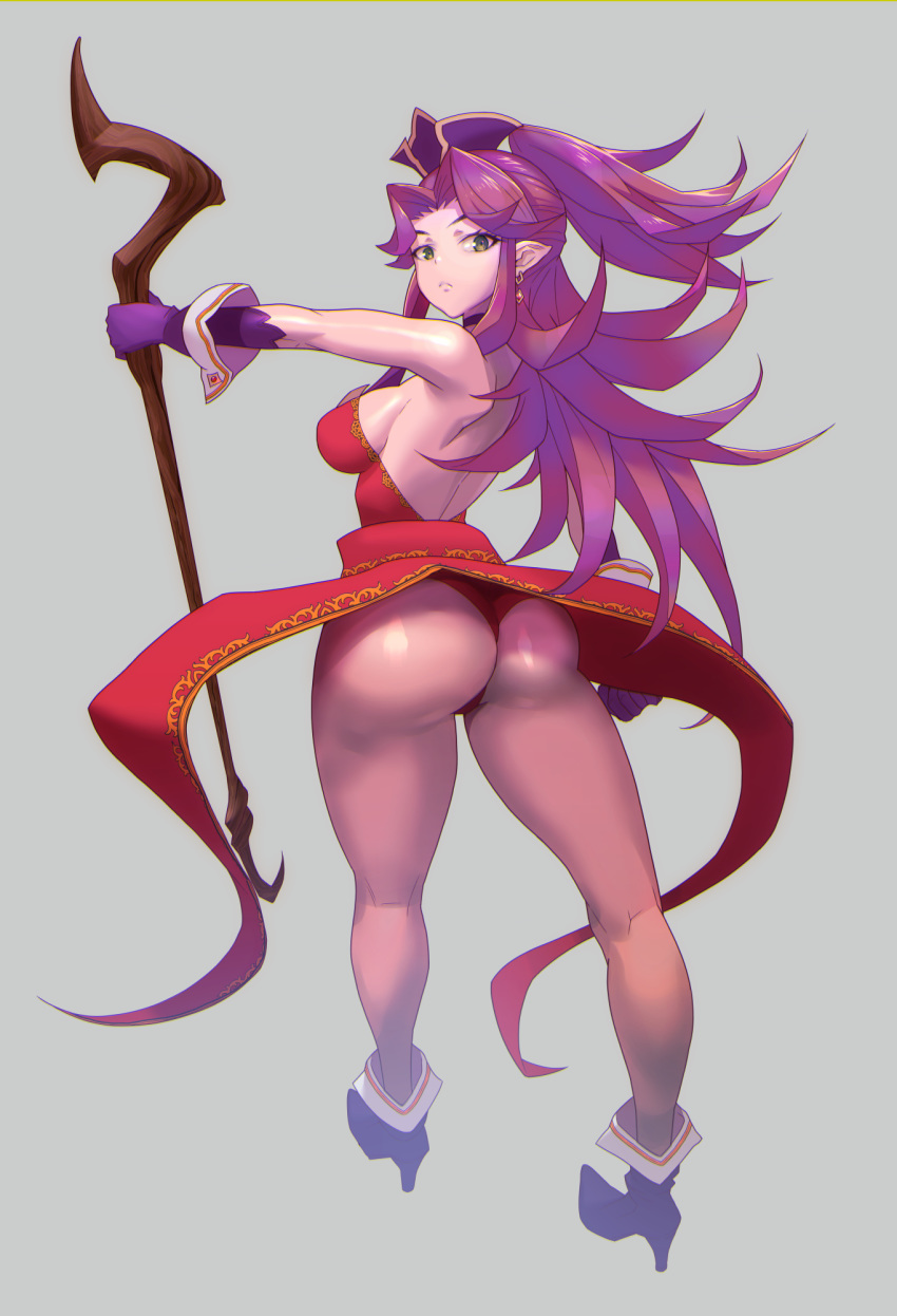 1girl angela_(seiken_densetsu_3) ass don_(rg06268) earrings from_behind green_eyes highres holding holding_staff jewelry long_hair looking_back pink_skin pointy_ears purple_hair seiken_densetsu seiken_densetsu_3 solo staff