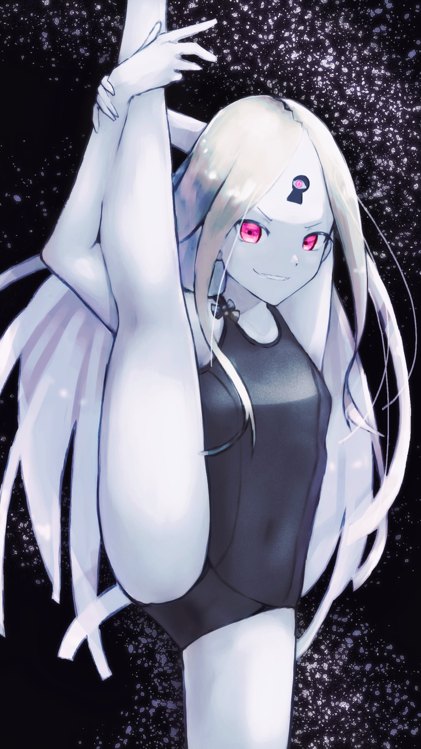 1girl abigail_williams_(fate/grand_order) absurdres artist_request bangs bare_shoulders black_swimsuit breasts covered_navel fate/grand_order fate_(series) forehead grin highres keyhole leg_lift leg_up long_hair looking_at_viewer one-piece_swimsuit parted_bangs pink_eyes small_breasts smile split standing standing_on_one_leg standing_split swimsuit thighs third_eye white_hair white_skin