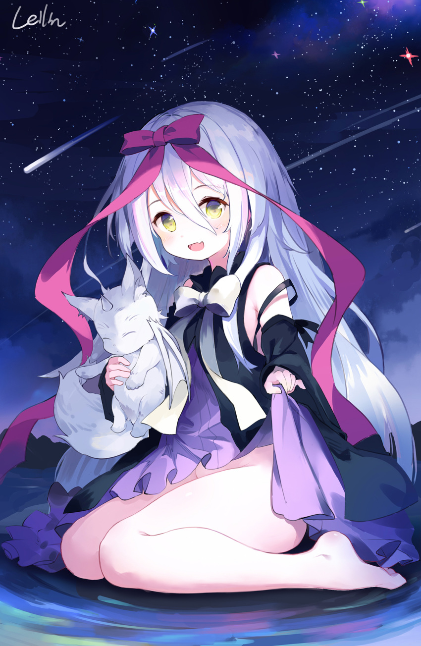 1girl :d artist_name bangs bare_legs barefoot black_dress blush bow commentary_request creature dress dress_lift eyebrows_visible_through_hair falling_star fang hair_between_eyes hair_bow highres holding hoshizora_no_memoria leilin long_hair long_sleeves looking_at_viewer mare_s_ephemeral night night_sky no_panties open_mouth outdoors purple_dress red_bow signature silver_hair sitting sky sleeves_past_wrists smile solo star_(sky) starry_sky very_long_hair wariza white_bow wide_sleeves yellow_eyes