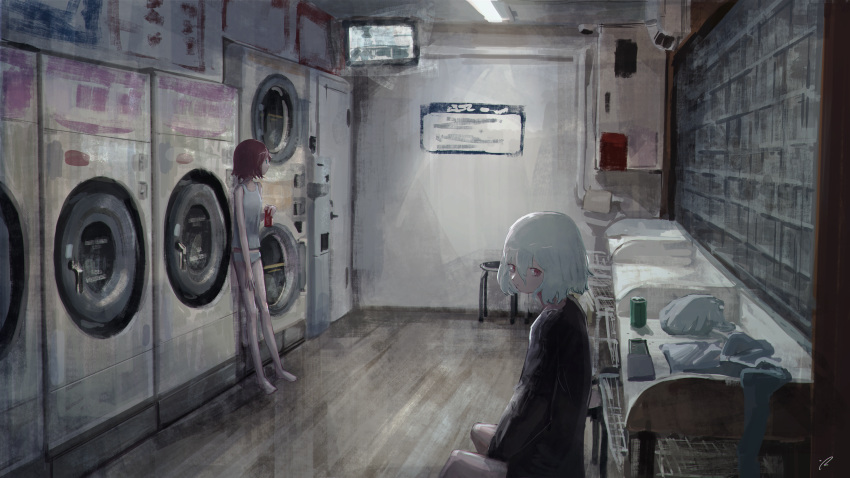 2girls absurdres barefoot blue_eyes bob_cut highres huge_filesize indoors laundromat legs looking_at_viewer multiple_girls original panties poyopoyo_(poyo_mega181) red_eyes red_hair scenery short_hair sitting standing thighs underwear washing_machine white_hair