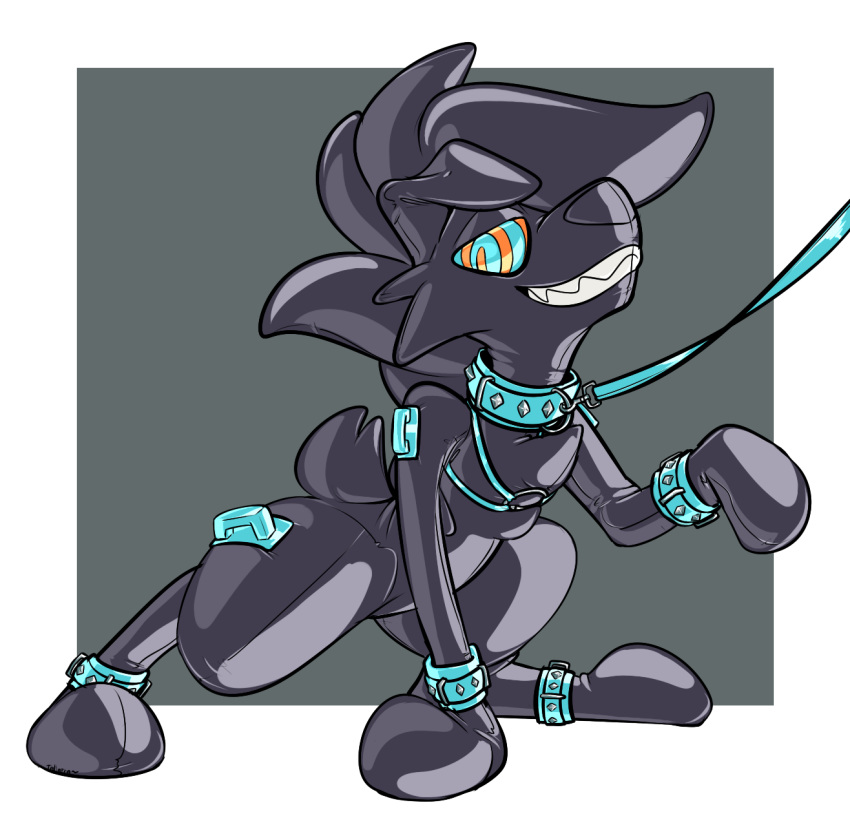 2020 alpha_channel alternate_color ambiguous_gender ankle_cuffs anthro bdsm black_nose blue_collar blue_leash collar digital_drawing_(artwork) digital_media_(artwork) glistening harness hi_res leash lycanroc mammal midnight_lycanroc nintendo pok&eacute;mon pok&eacute;mon_(species) ringed_eyes rubber shackles simple_background solo tallarra teeth video_games wrist_cuff