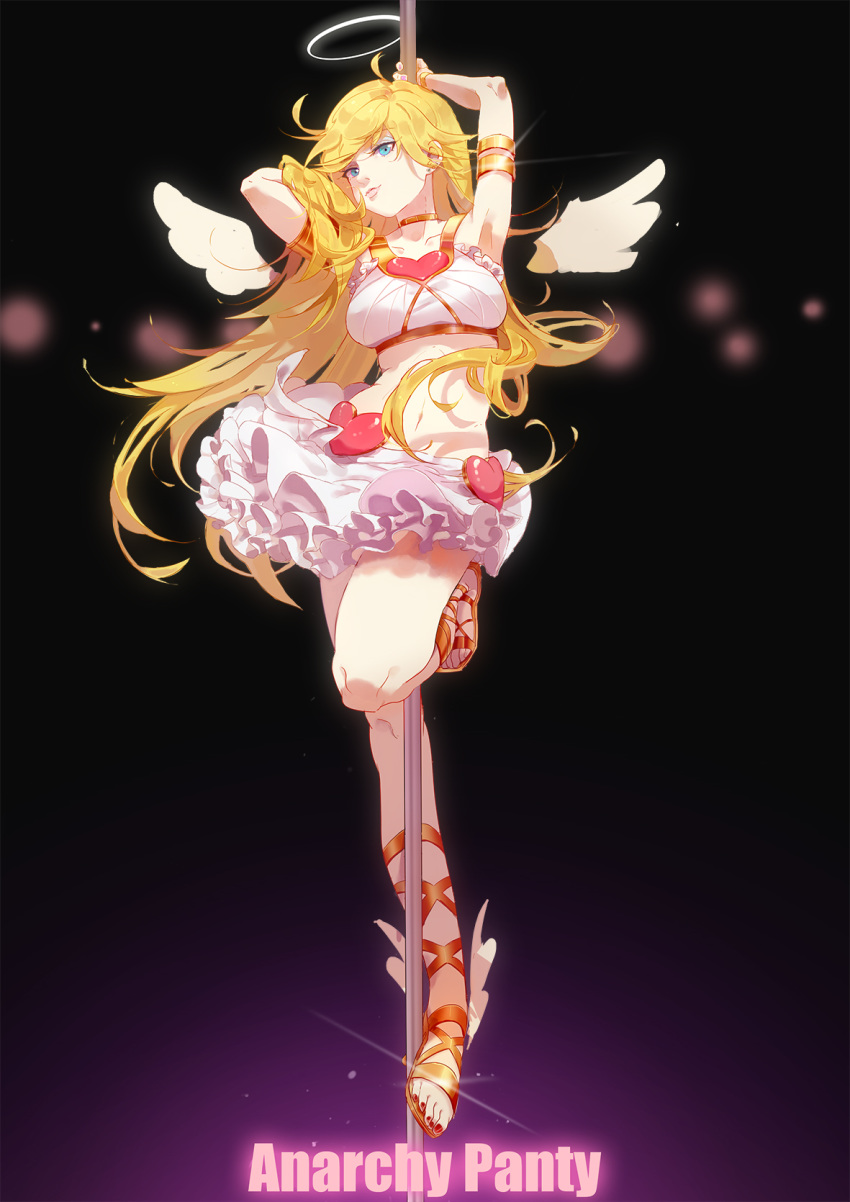 1girl armpits blonde_hair blue_eyes character_name choker closed_mouth cross-laced_footwear detached_wings frilled_skirt frills halo heart highres long_hair panty_&amp;_stocking_with_garterbelt panty_(psg) pole pole_dancing skirt skirt_set solo toenail_polish tss-mire very_long_hair wings