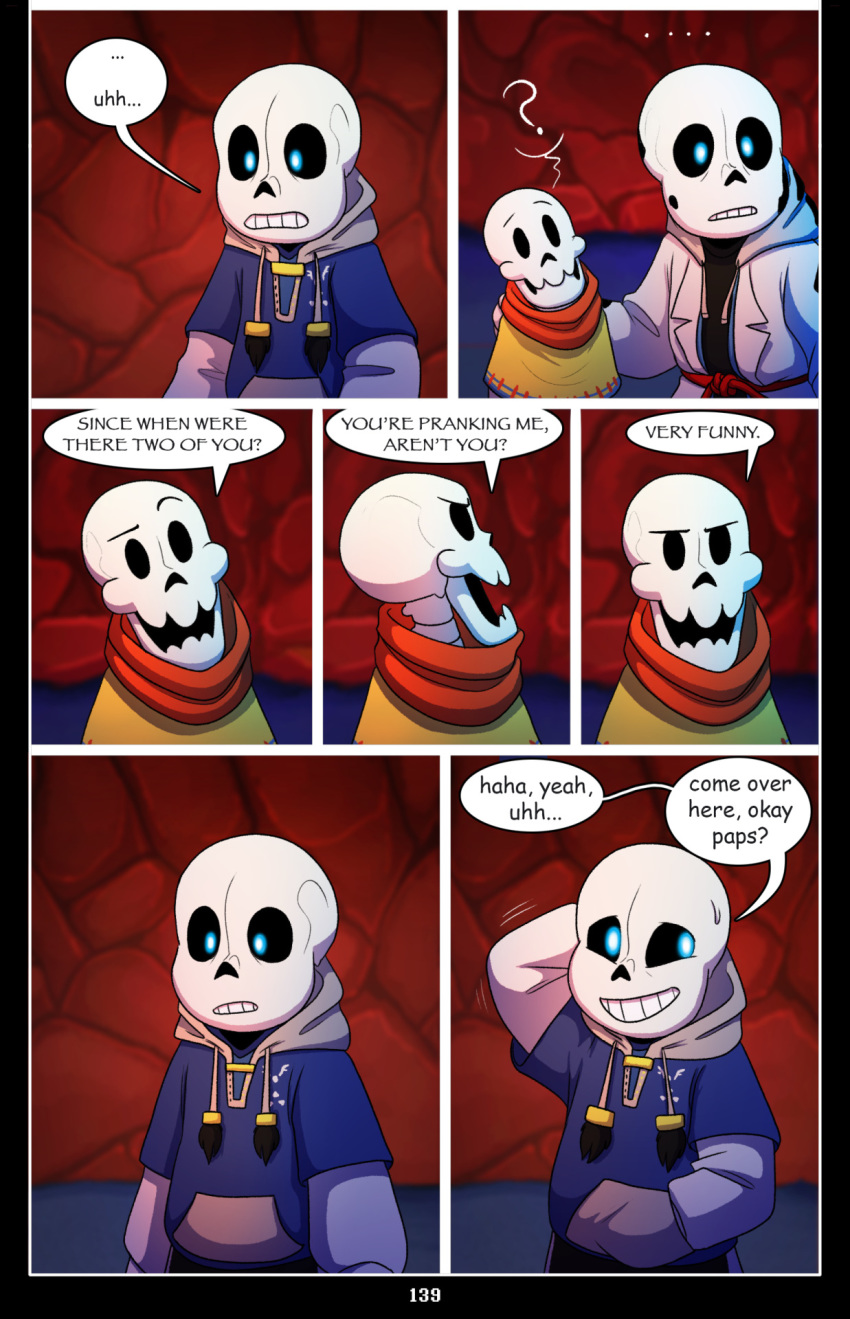 absolutedream animated_skeleton bone clothed clothing dialogue doppleganger english_text hand_in_pocket hi_res humanoid kneeling male papyrus_(undertale) pockets portrait power_cord sans_(undertale) scratching_neck skeleton teeth text undead undertale video_games