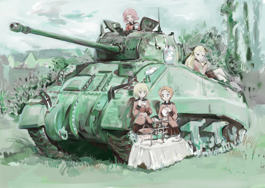 4girls absurdres artist_request assam_(girls_und_panzer) blonde_hair breasts caterpillar_tracks cloud commentary_request cup darjeeling_(girls_und_panzer) day emblem girls_und_panzer grass ground_vehicle highres house long_hair looking_at_viewer m4_sherman military military_uniform military_vehicle motor_vehicle multiple_girls orange_hair orange_pekoe_(girls_und_panzer) red_hair rosehip_(girls_und_panzer) sherman_firefly short_hair skirt sky smile st._gloriana's_(emblem) st._gloriana's_military_uniform table tank teacup teapot traditional_media uniform