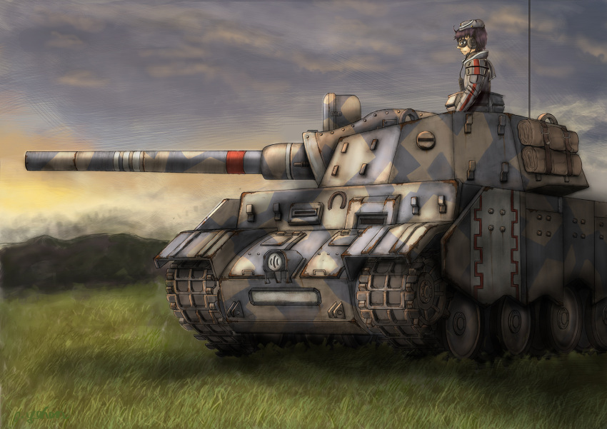 1boy artist_request black_eyes black_hair caterpillar_tracks cloud commentary_request evening grass ground_vehicle highres military military_uniform military_vehicle motor_vehicle mountain scenery senjou_no_valkyria short_hair sky tank uniform