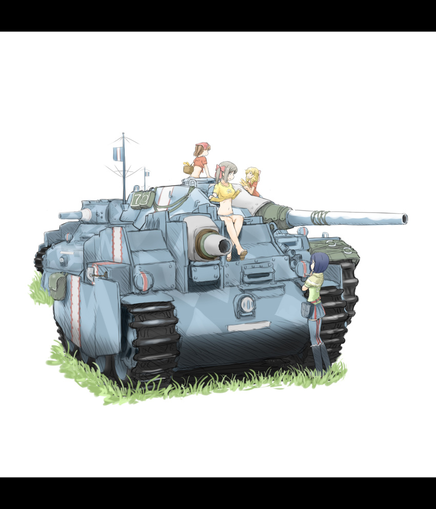 4girls alicia_melchiott black_hair blonde_hair bonnet bread breasts brown_hair caterpillar_tracks character_request commentary_request drill_hair edelweiss_(senjou_no_valkyria) edy_nelson flag food grass ground_vehicle highres hu_sea isara_gunther military military_vehicle motor_vehicle multiple_girls navel sandals senjou_no_valkyria senjou_no_valkyria_1 shamrock_(senjou_no_valkyria) shirt short_hair shorts smile susie_evans tank tank_destroyer twintails white_background