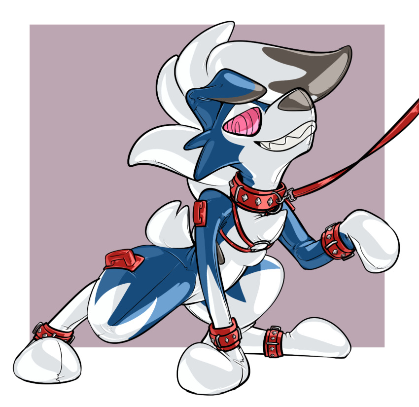 2020 alpha_channel alternate_color ambiguous_gender ankle_cuffs anthro bdsm black_nose blue_body collar digital_drawing_(artwork) digital_media_(artwork) glistening harness hi_res leash lycanroc mammal markings midnight_lycanroc multicolored_body nintendo pink_eyes pok&eacute;mon pok&eacute;mon_(species) red_collar red_leash ringed_eyes rubber shackles shiny_pok&eacute;mon simple_background solo tallarra teeth two_tone_body video_games white_body wrist_cuff