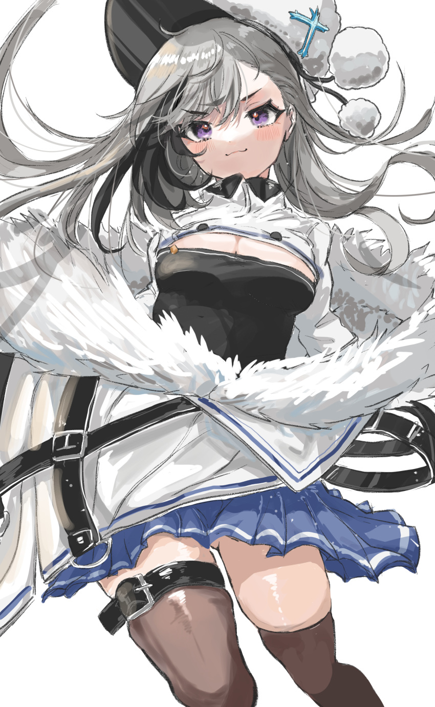 1girl :3 absurdres azur_lane blue_skirt breasts cleavage closed_mouth commentary_request feet_out_of_frame floating_hair fur_collar grey_hair hat highres leg_belt long_hair looking_at_viewer maria medium_breasts miniskirt minsk_(azur_lane) multicolored_hair peaked_cap pleated_skirt pom_pom_(clothes) purple_eyes shirt simple_background skirt smile solo streaked_hair thighhighs very_long_hair white_background white_headwear white_shirt zettai_ryouiki