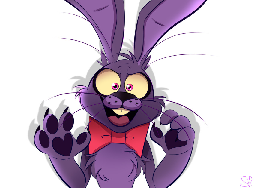 2018 4_fingers animatronic anthro bonnie_(fnaf) bow buckteeth chest_tuft claws fingers five_nights_at_freddy's freckles fur lagomorph leporid long_ears looking_at_viewer machine male mammal open_mouth open_smile pawpads purple_body purple_fur purple_inner_ear rabbit robot samhorn signature simple_background smile teeth tuft video_games whiskers white_background