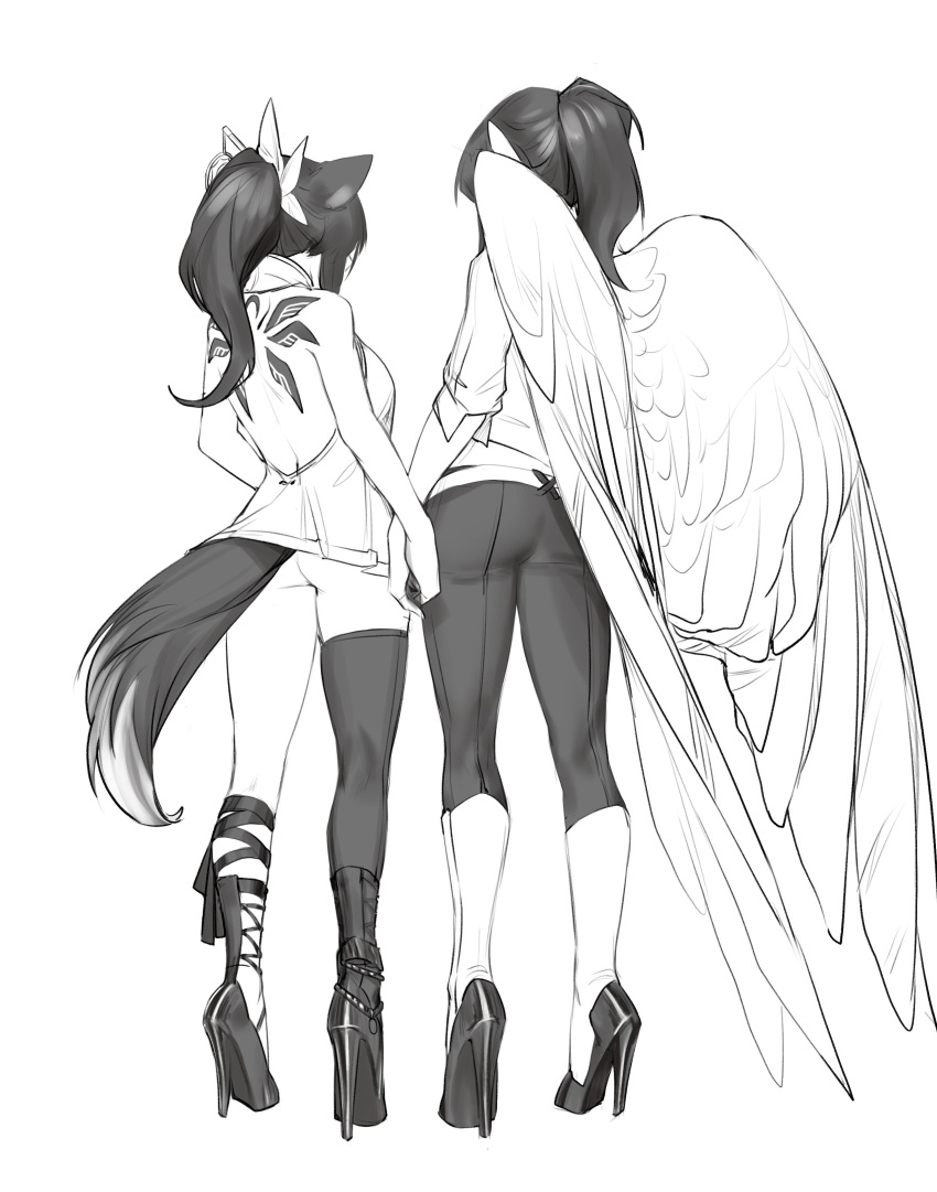 2girls absurdres angel_wings animal_ears ankle_lace-up ass back_tattoo backless_dress backless_outfit bare_arms bare_back bare_shoulders boots cross-laced_footwear dress facing_away from_behind full_body greyscale high_heel_boots high_heels highres holding_hands knee_boots less long_hair monochrome multiple_girls original pants ponytail short_dress simple_background single_thighhigh standing tail tattoo thighhighs wing_tattoo wings