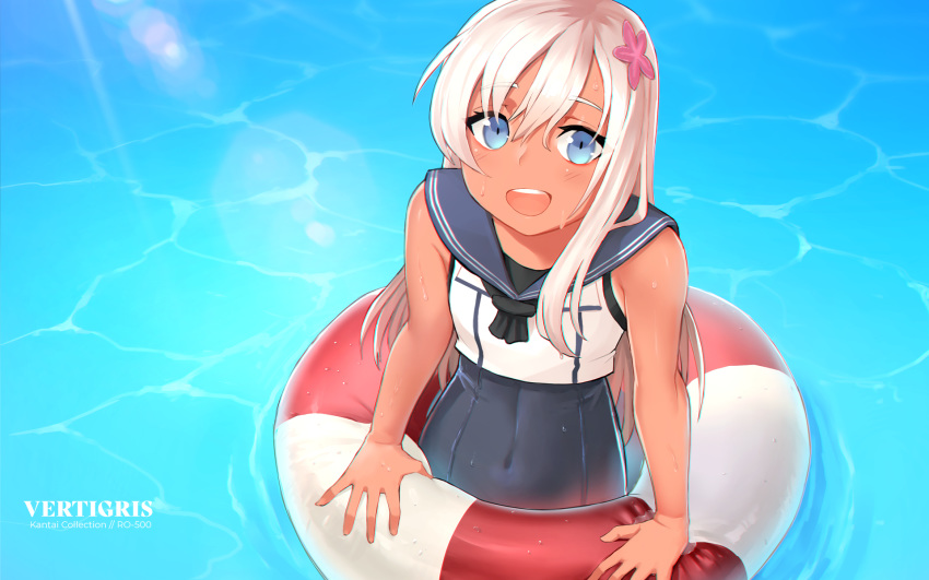 1girl :d bare_arms blue_eyes blush crop_top english_commentary flower hair_flower hair_ornament highres innertube kantai_collection lifebuoy long_hair looking_at_viewer one-piece_swimsuit one-piece_tan open_mouth outdoors ro-500_(kantai_collection) sailor_collar school_swimsuit school_uniform serafuku smile solo swimsuit swimsuit_under_clothes tan tanline vertigris water wet white_hair