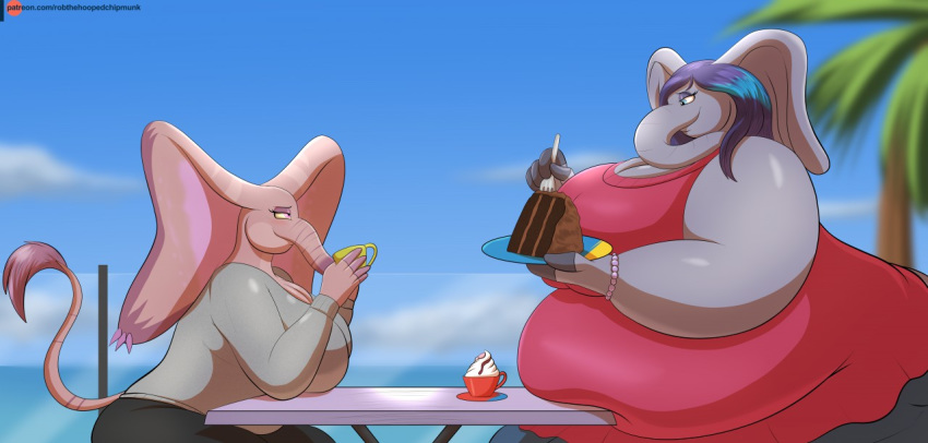 anthro belly big_belly breasts cake cleavage clothed clothing cloud day duo elephant elephantid food furniture hyper hyper_belly mammal overweight proboscidean robthehoopedchipmunk sarah_fairhart sky table text url