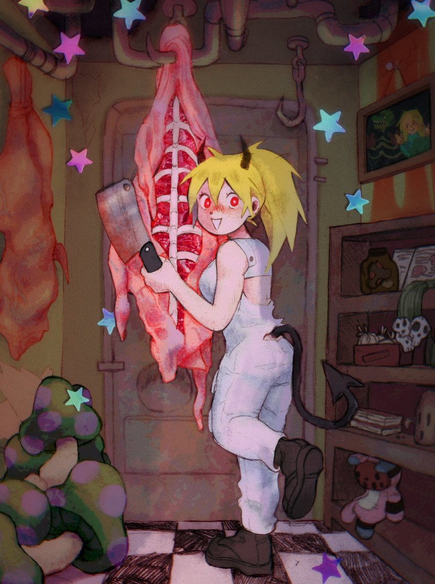 1girl back_cutout black_footwear blonde_hair blood bloody_weapon book butcher_knife clothing_cutout cupboard dizzychelsy door dorohedoro food forked_tail haniwa_(statue) highres hook horns jar kaiman_(dorohedoro) meat mushroom nikaidou_(dorohedoro) onion painting pipes ponytail red_eyes ribs skull smile star_(symbol) stuffed_animal stuffed_toy tail tile_floor tiles weapon white_overalls