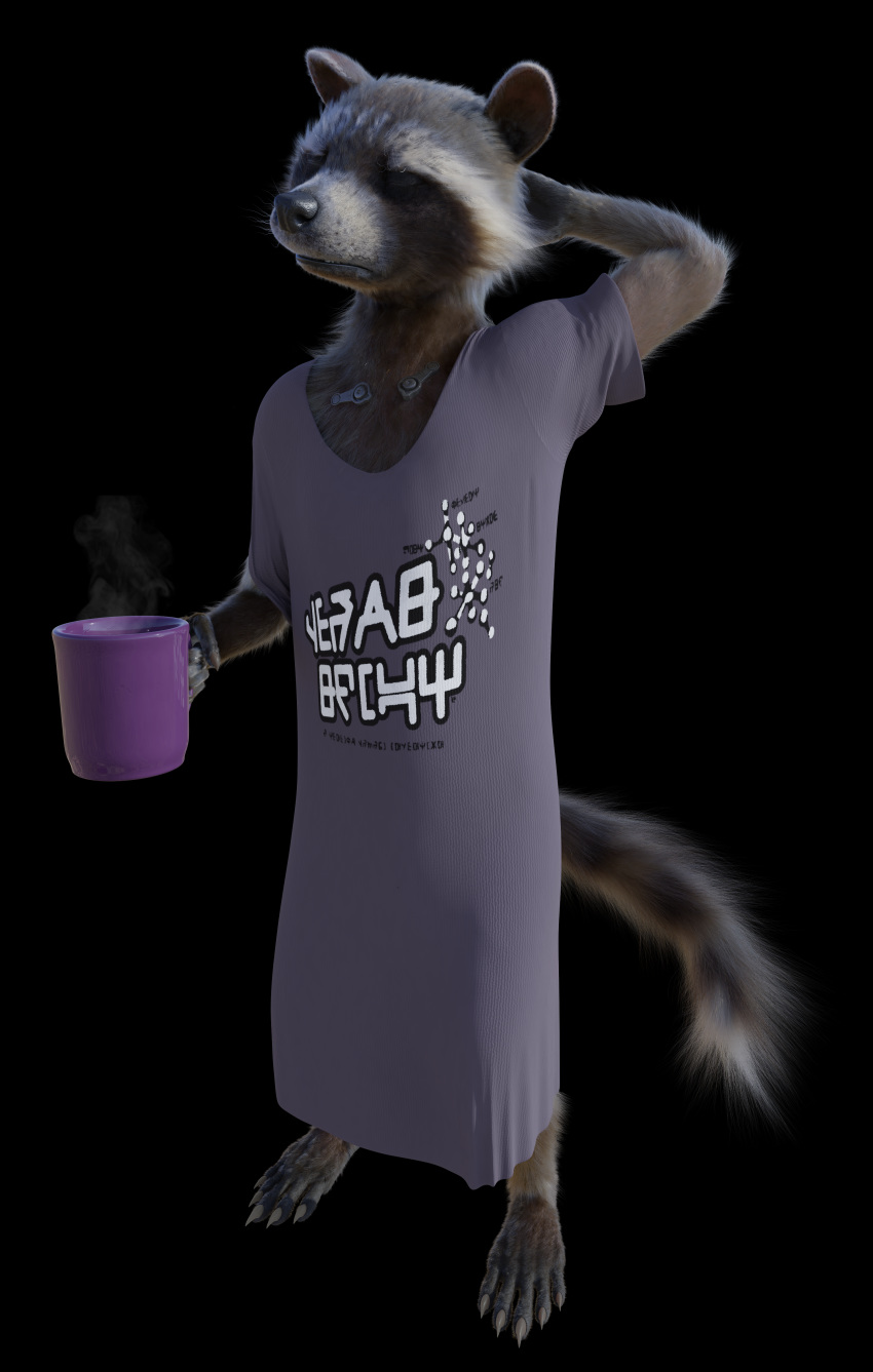 3d_(artwork) absurd_res anthro black_background clothed clothing digital_media_(artwork) disney fur groggy guardians_of_the_galaxy hi_res male mammal marvel pajamas procyonid raccoon robe rocket_raccoon rockyrcoon simple_background solo tired