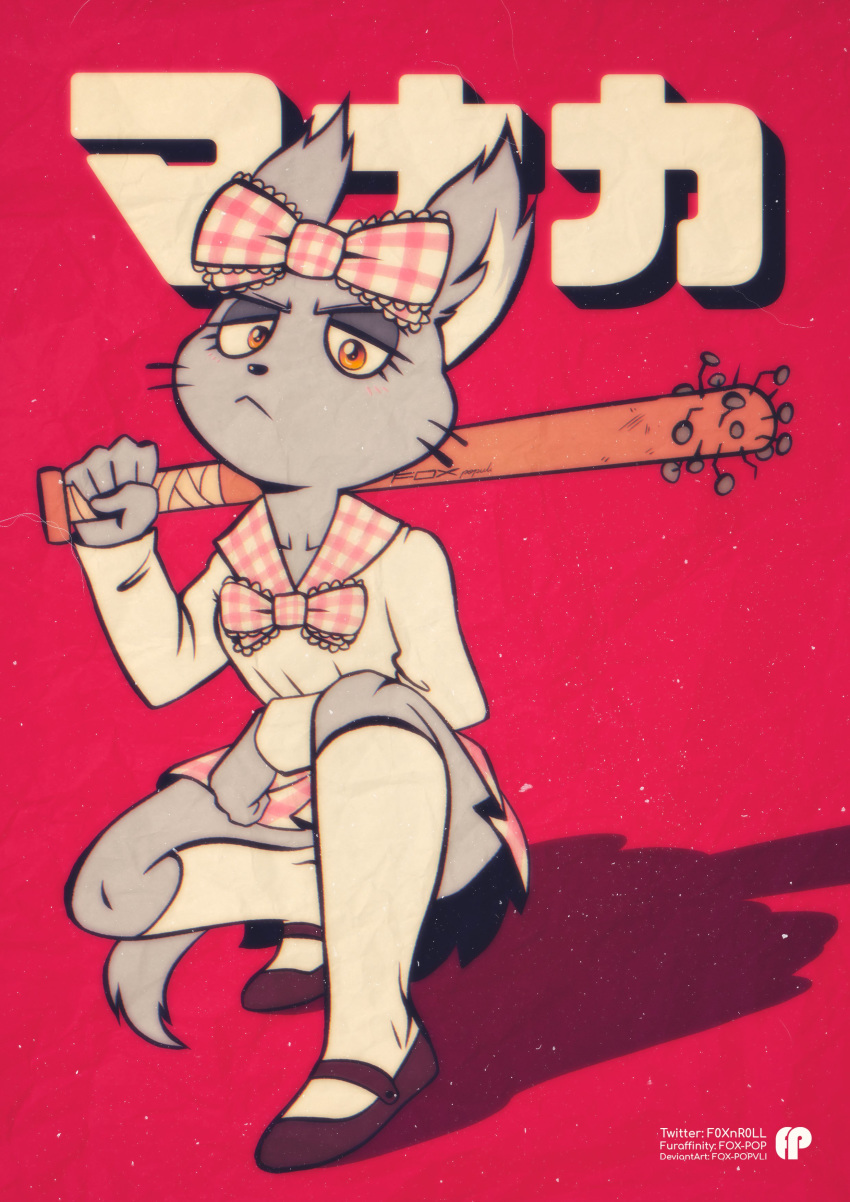 absurd_res accessory aggressive_retsuko anthro bat_(object) chinchilla chinchillid clothing female footwear fox-pop hair_accessory hair_bow hair_ribbon hi_res japanese_text knee_socks kneeling looking_at_viewer mammal manaka_(aggretsuko) nailed_bat plantigrade ribbons rodent sanrio socks solo text