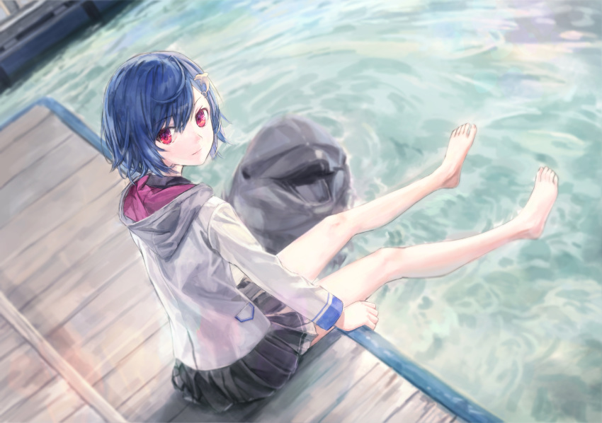 1girl 54cr barefoot blue_hair blush bob_cut dolphin feet highres hood hood_down hoodie legs looking_at_viewer miniskirt nijisanji nishizono_chigusa outdoors pool red_eyes school_uniform short_hair skirt solo thighs