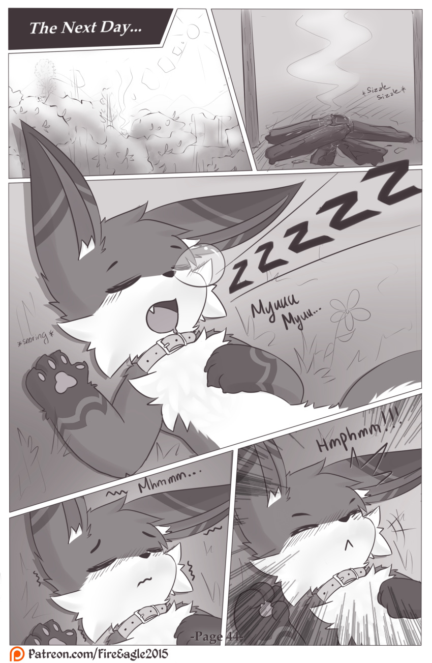 anthro blush campfire collar comic detailed_background eyes_closed fur hi_res iradeon lying male motion_lines open_mouth outside patreon paws sean_(senz) senz sleeping solo sound_effects text url zzz