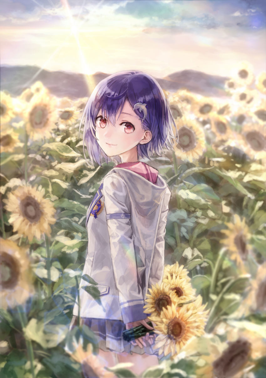 1girl 54cr blush bob_cut field flower flower_field highres hood hood_down hoodie looking_at_viewer miniskirt nijisanji nishizono_chigusa outdoors purple_hair red_eyes school_uniform short_hair skirt solo standing sunflower thighs