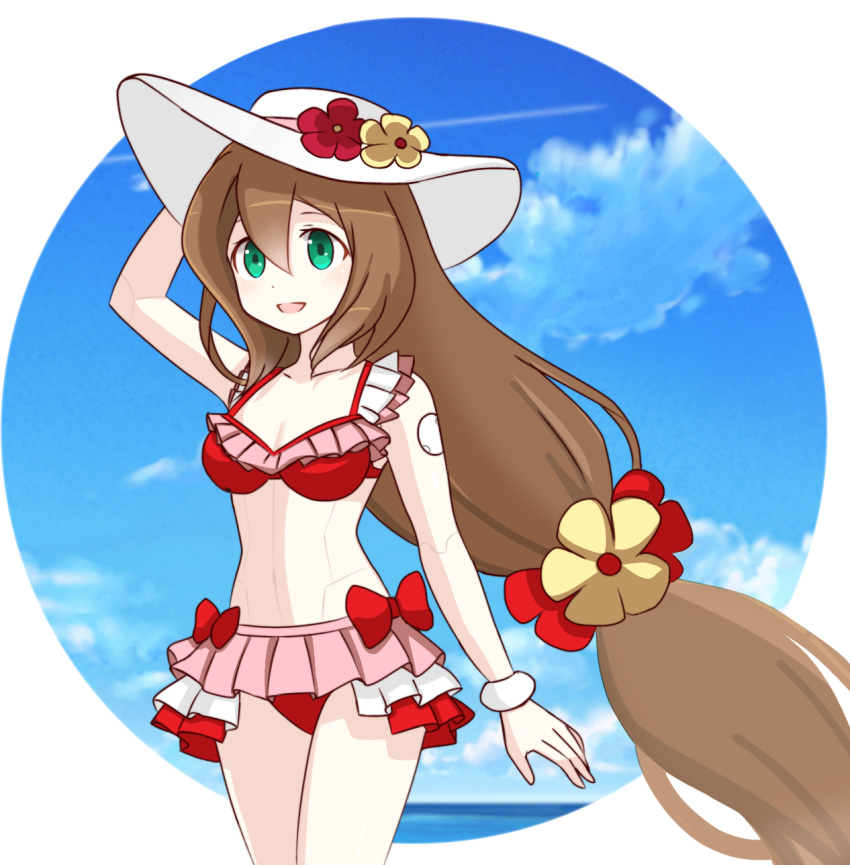 1girl 398sky android bikini blue_sky blush breasts brown_hair cloud flower frilled_bikini frills green_eyes hair_between_eyes hair_flower hair_ornament hand_on_headwear hat hat_flower highres iris_(rockman_x) long_hair low-tied_long_hair medium_breasts open_mouth red_bikini rockman rockman_x rockman_x_dive sky smile solo sun_hat swimsuit