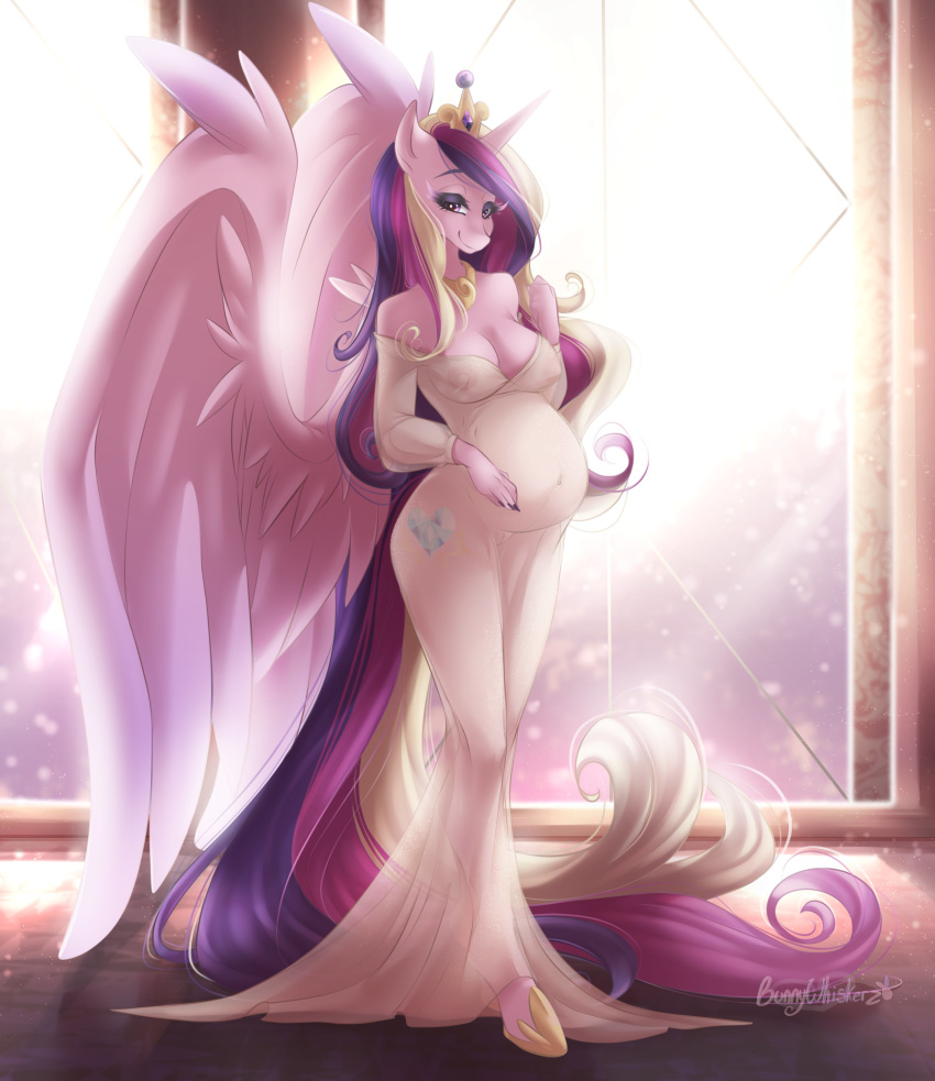 absurd_res anthro anthrofied breasts bunnywhiskerz cleavage clothed clothing detailed_background equid friendship_is_magic genitals hair hi_res horn looking_at_viewer mammal multicolored_hair my_little_pony nipples pink_body pregnant princess_cadance_(mlp) pussy smile standing translucent translucent_clothing wide_hips window winged_unicorn wings
