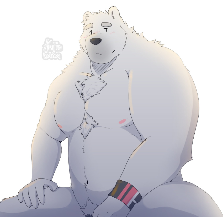 2020 anthro barely_visible_genitalia barely_visible_penis belly black_nose blush fur genitals hi_res kajin-sama male mammal musclegut nipples penis polar_bear simple_background solo ursid ursine white_background white_body white_fur