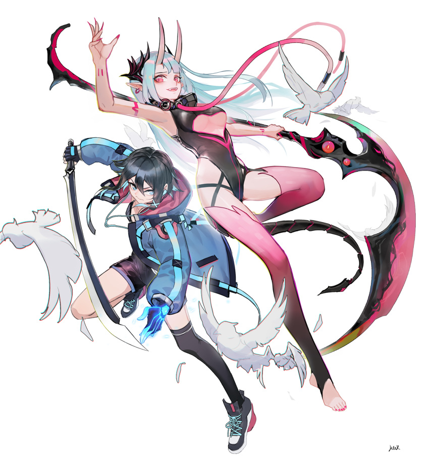 2girls animal aqua_hair arm_up bird black_footwear black_hair black_legwear black_leotard blue_eyes blue_hair blue_jacket breasts closed_mouth clothing_cutout demon demon_girl demon_horns demon_tail earbuds earphones earrings fang feathers fingernails flying glowing hair_between_eyes heart heart_cutout highres holding holding_scythe holding_sword holding_weapon hood hood_down hooded_jacket horns jacket jewelry katana leotard long_fingernails mek multicolored multicolored_hair multiple_girls open_clothes open_jacket open_mouth original pink_eyeshadow pink_legwear pink_nails scythe sharp_fingernails shoes short_hair signature simple_background single_earring smile sneakers sword tail thighhighs toenails tongue underboob weapon white_background