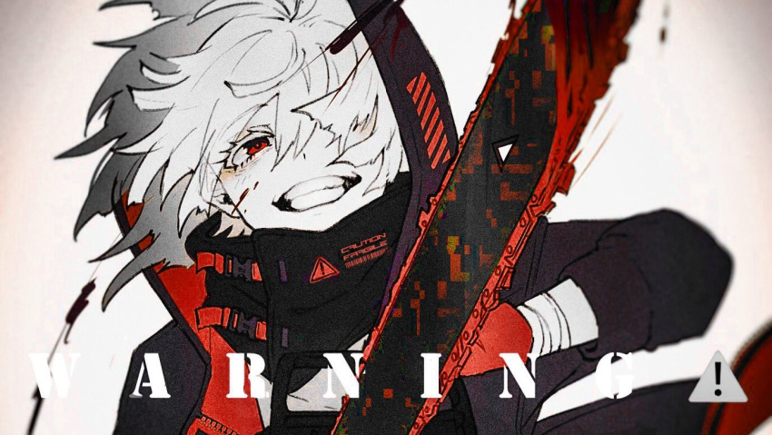 1girl bandaged_arm bandages barcode black_jacket blood blurry chainsaw cropped english_text glitch gloves hair_over_one_eye holding holding_chainsaw holding_weapon hood hood_up hooded_jacket jacket open_clothes open_jacket original parted_lips red_eyes red_gloves short_hair sign smile solo teeth warning_sign weapon white_hair yuduhi zipper